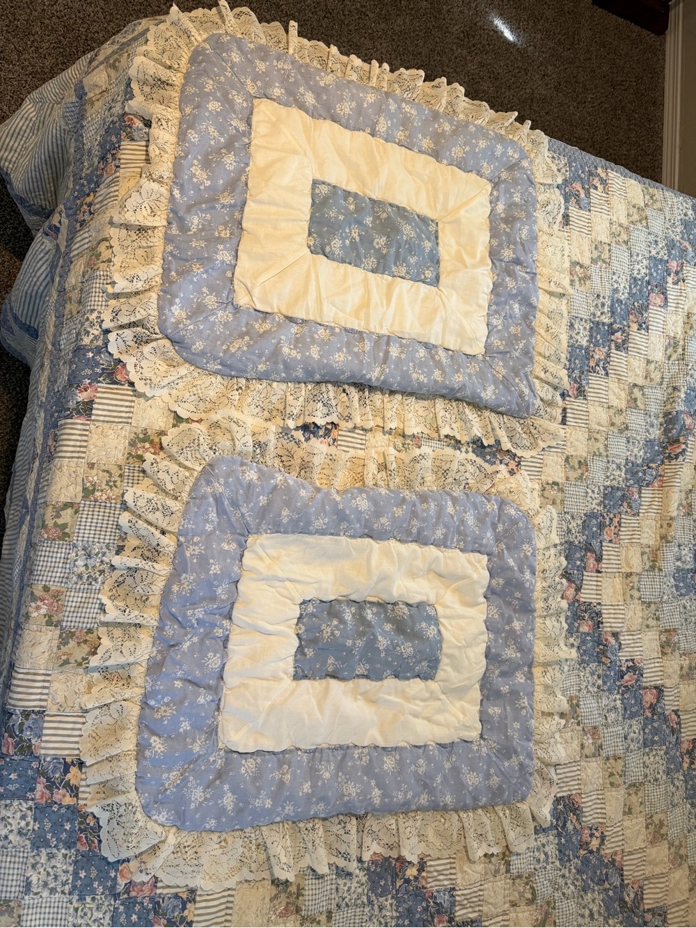 Vintage Sears Quilted Ruffled Blue & White Floral Pillow Shams, Standard Cottage